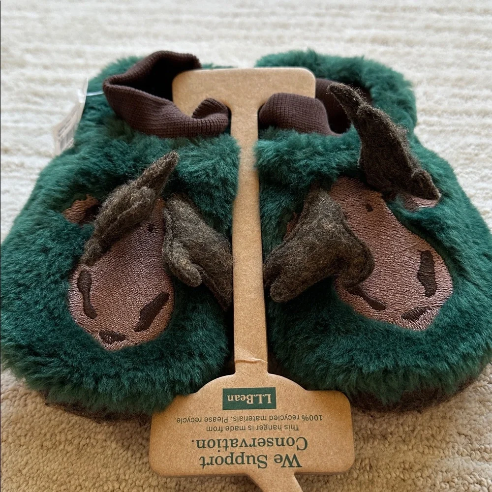 NWT L.L. Bean Toddler Animal Paws Slippers Maine Moose Green Brown  Size 9-10